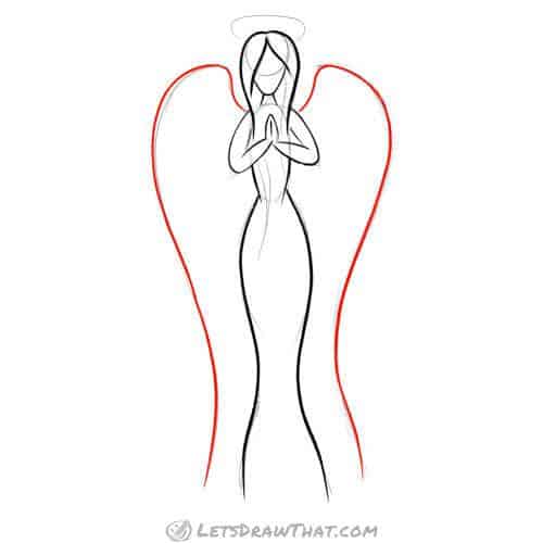 Drawing step: Draw the outline of the angel’s wings