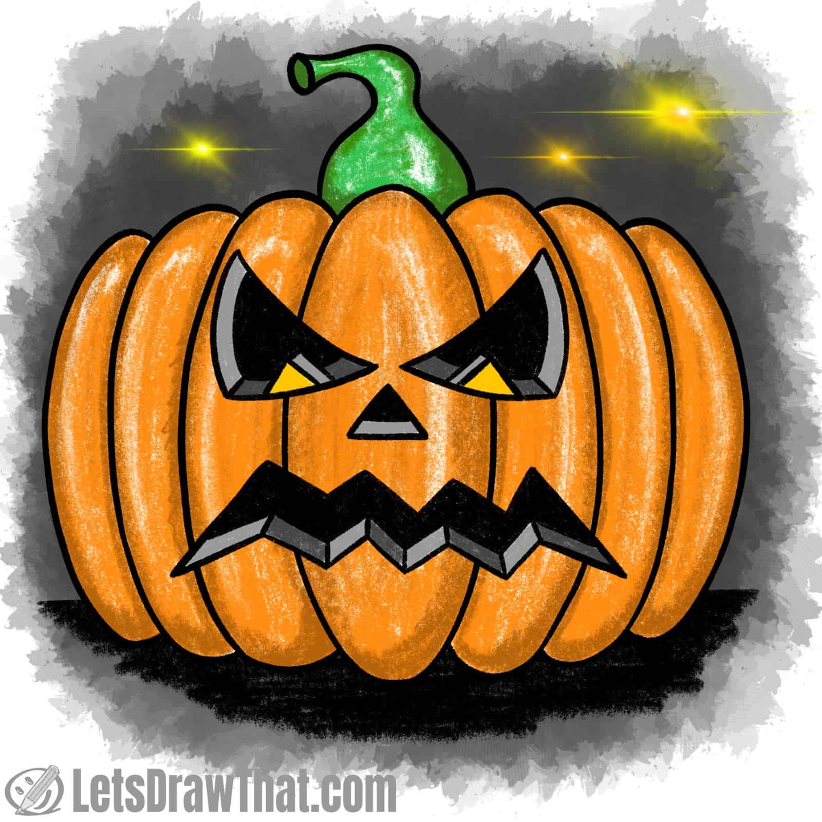 Drawing pumpkin faces: angry pumpkin face drawing coloured-in