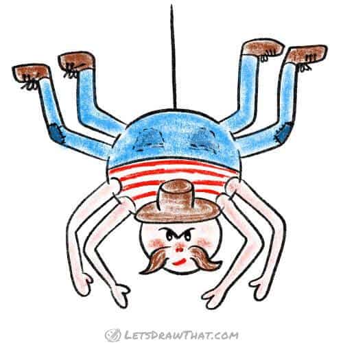 How to draw a humanoid cartoon spider: finished drawing coloured-in