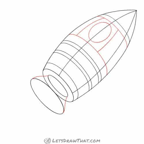 Drawing step: Sketch the cabin window and the exhaust nozzle