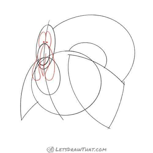 Drawing step: Sketch the beak, eyes and caruncles
