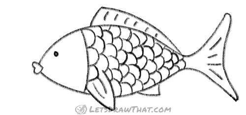 How to draw a fish from two simple arcs: finished outline drawing