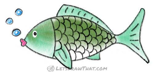 How to draw a fish from two simple arcs: finished drawing coloured-in