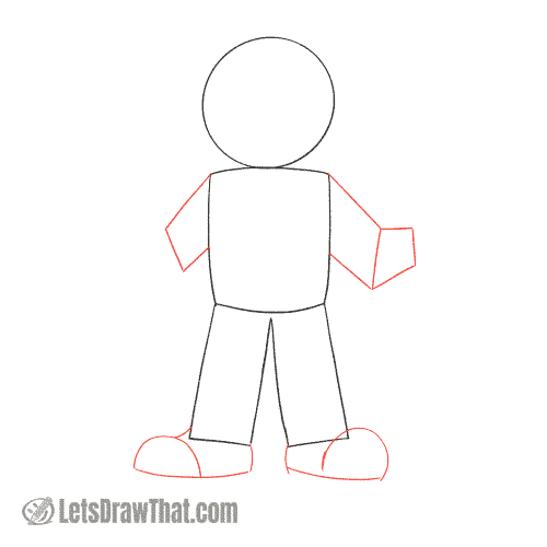 Drawing step: Sketch the farmer's arms and feet