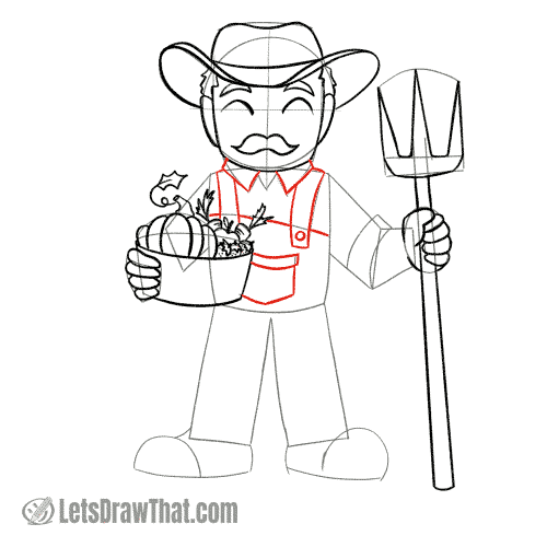Drawing step: Draw the farmer's clothing details