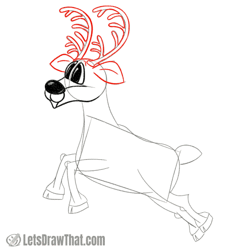 Drawing step: Draw the reindeer's antlers and ears