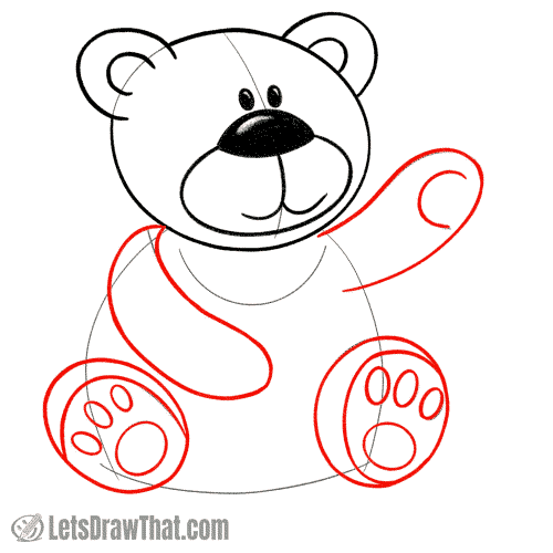 Drawing step: Draw the teddy bear's arms and legs