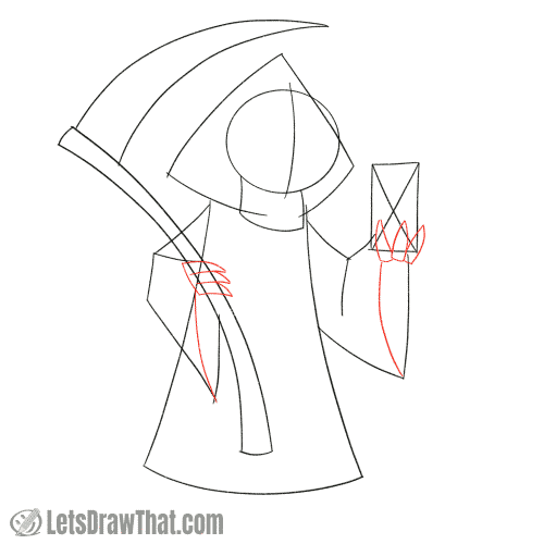 Drawing step: Sketch the hands and robe details